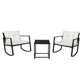 HAOYYE 3 Piece Outdoor Rocking Chair Set with Coffee Table, Black PE Rattan Patio Furniture with Tempered Glass Top and Beige Cushions, Weather Resistant Wicker Conversation Set for Balcony Garden Deck Porch